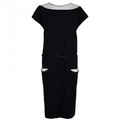 Pre Owned فستان شانيل صوف مونوكرومي برباط وسط L