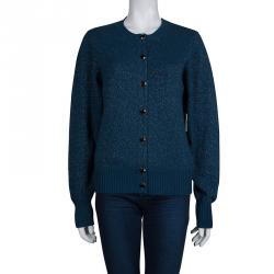 Pre Owned Chanel Peacock Blue Lurex Knit Button Front Cashmere Cardigan M 