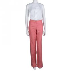Pre Owned Chanel Pink Textured Silk Wide Leg Trousers L