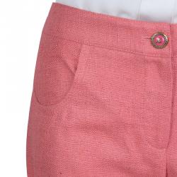 Pre Owned Chanel Pink Textured Silk Wide Leg Trousers L