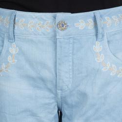 Chanel Indigo Light Wash Denim Embroidered Jeans L