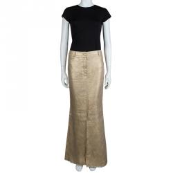 Pre Owned Chanel Gold Metallic Coated Linen Fringe Bottom Maxi Skirt M