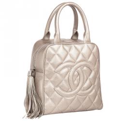 Pre Owned Chanel Metallic Quilted Caviar Tassel Top Handle Bag
