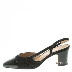 Chanel Black Glitter Fabric and Leather Cap Toe Block Heel Slingback Sandals Size 38