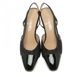 Chanel Black Glitter Fabric and Leather Cap Toe Block Heel Slingback Sandals Size 38