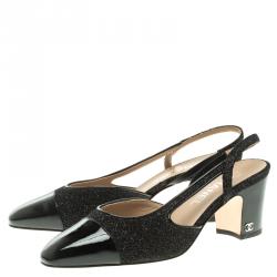 Chanel Black Glitter Fabric and Leather Cap Toe Block Heel Slingback Sandals Size 38