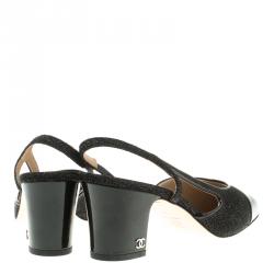 Chanel Black Glitter Fabric and Leather Cap Toe Block Heel Slingback Sandals Size 38