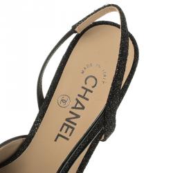 Chanel Black Glitter Fabric and Leather Cap Toe Block Heel Slingback Sandals Size 38