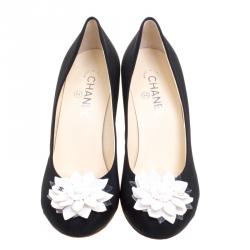 Pre Owned Chanel Black Canvas Camellia Embellished Pumps Size 40