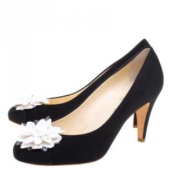 Pre Owned Chanel Black Canvas Camellia Embellished Pumps Size 40