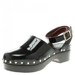 CHANEL Patent Calfskin Pearl Ankle Strap Clogs 37 Black 725093