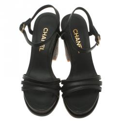 Chanel Black Leather and Cork Block Heel Sandals Size 38