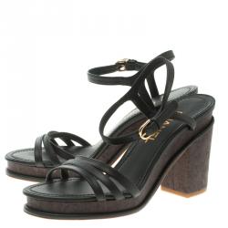 Chanel Black Leather and Cork Block Heel Sandals Size 38