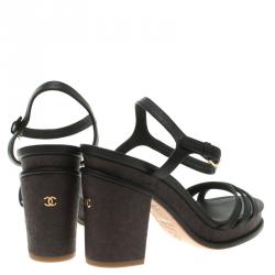 Chanel Black Leather and Cork Block Heel Sandals Size 38