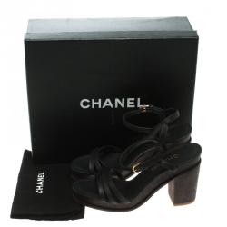 Chanel Black Leather and Cork Block Heel Sandals Size 38