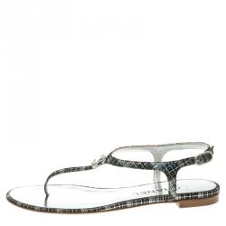 Pre Owned Chanel Black Metallic Suede Crystal CC Thong Flat Sandals Size 36.5