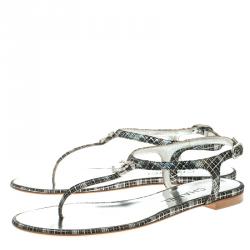 Pre Owned Chanel Black Metallic Suede Crystal CC Thong Flat Sandals Size 36.5