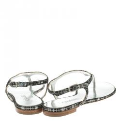 Pre Owned Chanel Black Metallic Suede Crystal CC Thong Flat Sandals Size 36.5