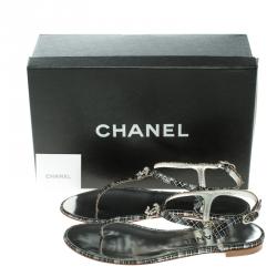 Pre Owned Chanel Black Metallic Suede Crystal CC Thong Flat Sandals Size 36.5