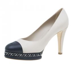 Pre Owned Chanel Beige Leather CC Cap Toe Chain Detail Platform Pumps Size 39.5