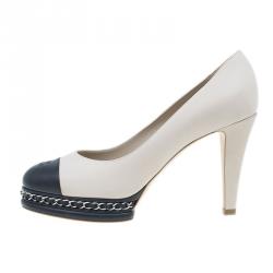 Pre Owned Chanel Beige Leather CC Cap Toe Chain Detail Platform Pumps Size 39.5