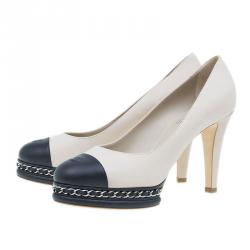 Pre Owned Chanel Beige Leather CC Cap Toe Chain Detail Platform Pumps Size 39.5