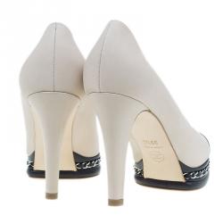 Pre Owned Chanel Beige Leather CC Cap Toe Chain Detail Platform Pumps Size 39.5