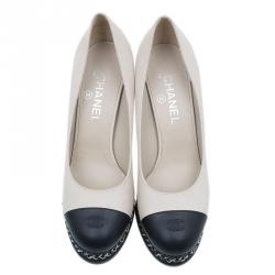 Pre Owned Chanel Beige Leather CC Cap Toe Chain Detail Platform Pumps Size 39.5