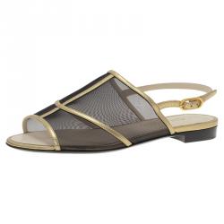 Pre Owned Chanel Black Mesh and Gold Leather Flat Sandals Size 36.5