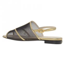 Pre Owned Chanel Black Mesh and Gold Leather Flat Sandals Size 36.5