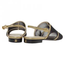 Pre Owned Chanel Black Mesh and Gold Leather Flat Sandals Size 36.5