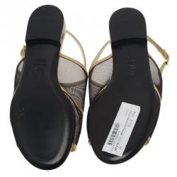 Pre Owned Chanel Black Mesh and Gold Leather Flat Sandals Size 36.5