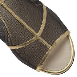 Pre Owned Chanel Black Mesh and Gold Leather Flat Sandals Size 36.5