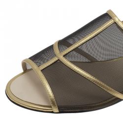 Pre Owned Chanel Black Mesh and Gold Leather Flat Sandals Size 36.5