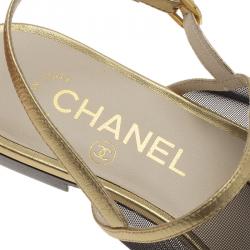 Pre Owned Chanel Black Mesh and Gold Leather Flat Sandals Size 36.5