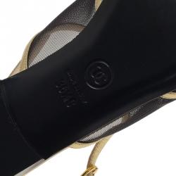 Pre Owned Chanel Black Mesh and Gold Leather Flat Sandals Size 36.5