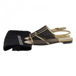 Pre Owned Chanel Black Mesh and Gold Leather Flat Sandals Size 36.5