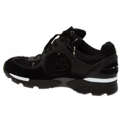 Pre Owned Chanel Black Tweed and Leather Sneakers Size 39.5