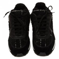 Pre Owned Chanel Black Tweed and Leather Sneakers Size 39.5