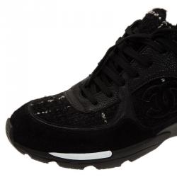Pre Owned Chanel Black Tweed and Leather Sneakers Size 39.5