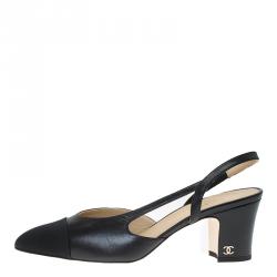Chanel Black Leather Block Heel Slingback Sandals Size 37