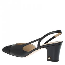 Chanel Black Leather Block Heel Slingback Sandals Size 37