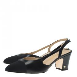 Chanel Black Leather Block Heel Slingback Sandals Size 37