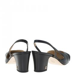 Chanel Black Leather Block Heel Slingback Sandals Size 37
