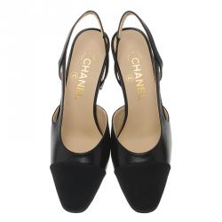 Chanel Black Leather Block Heel Slingback Sandals Size 37
