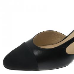 Chanel Black Leather Block Heel Slingback Sandals Size 37
