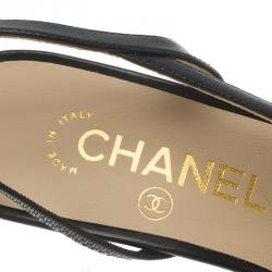 Chanel Black Leather Block Heel Slingback Sandals Size 37