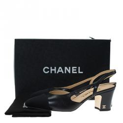 Chanel Black Leather Block Heel Slingback Sandals Size 37