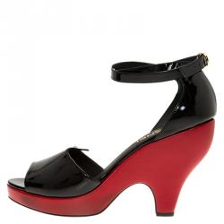 Chanel Black Patent Cross Strap Wedge Sandals Size 40.5