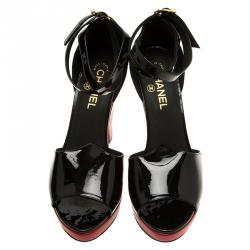 Chanel Black Patent Cross Strap Wedge Sandals Size 40.5